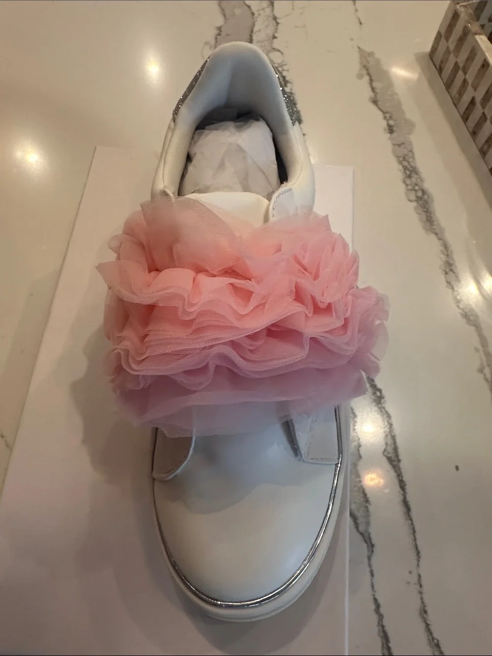 Girls White Slip-On Sneakers with Pink Tulle Flower Accent